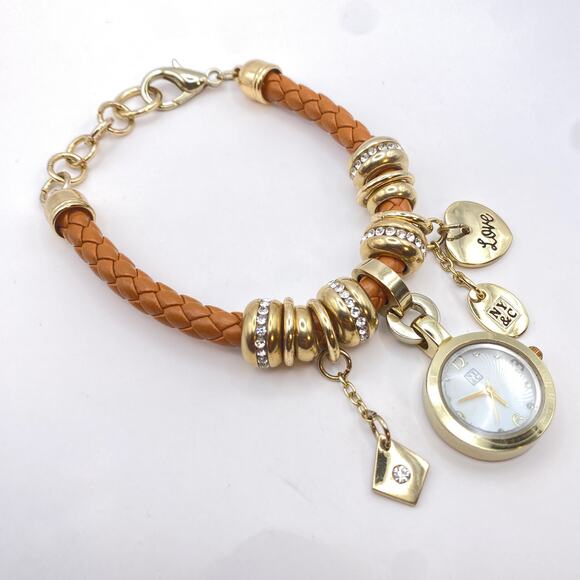 Signed NY&C Watch Charm Bracelet Heart Love Woven Brown Leather Gold Tone - 7" - Picture 3 of 10